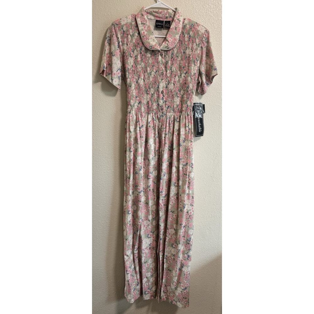 Vintage Erika Midi Dress 90’s Floral Smocked Button Front Tie Waist NWT Size M - Picture 2 of 11